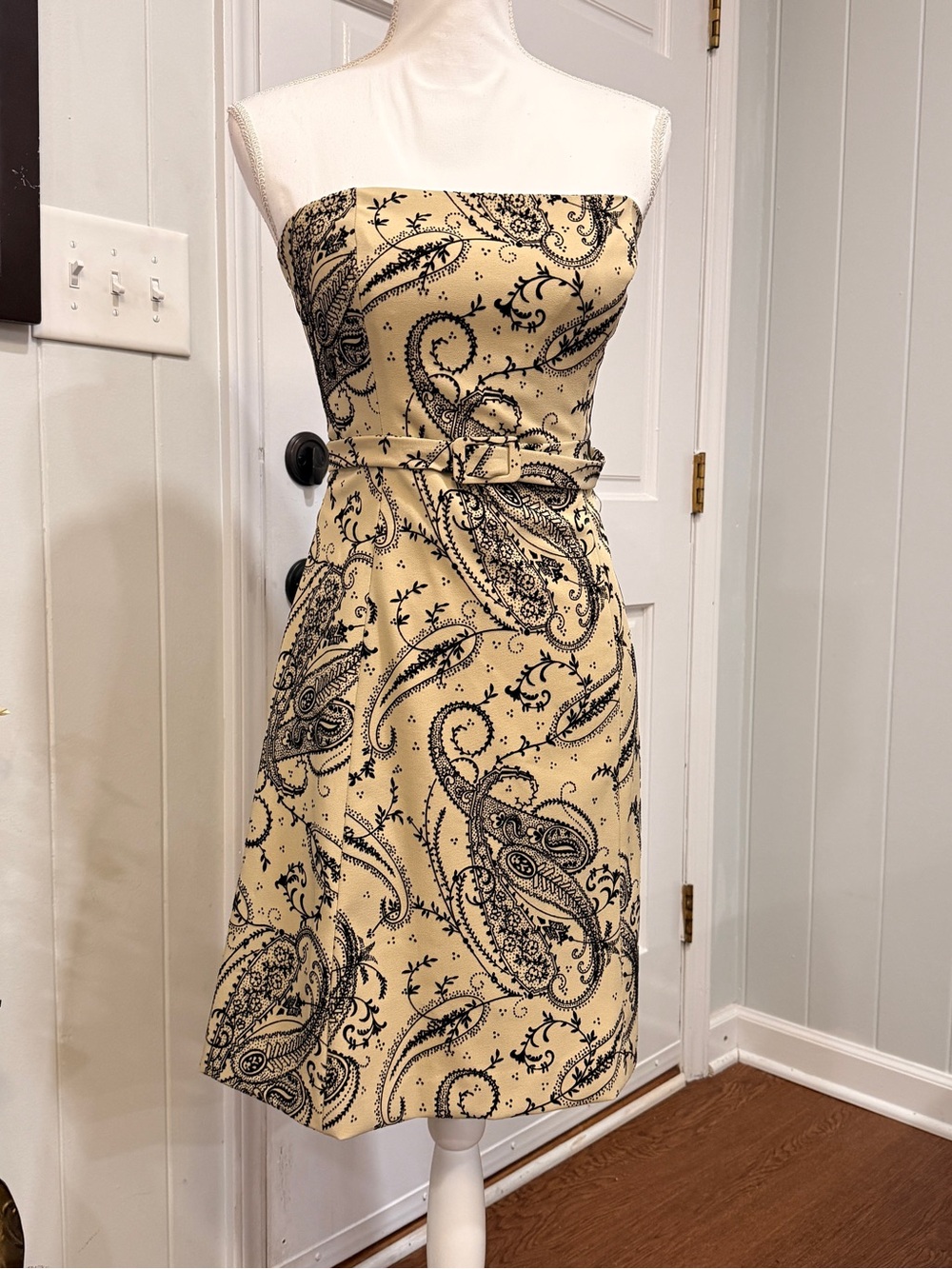 Robin Jordan Strapless Beige Dress with Black Paisley Print